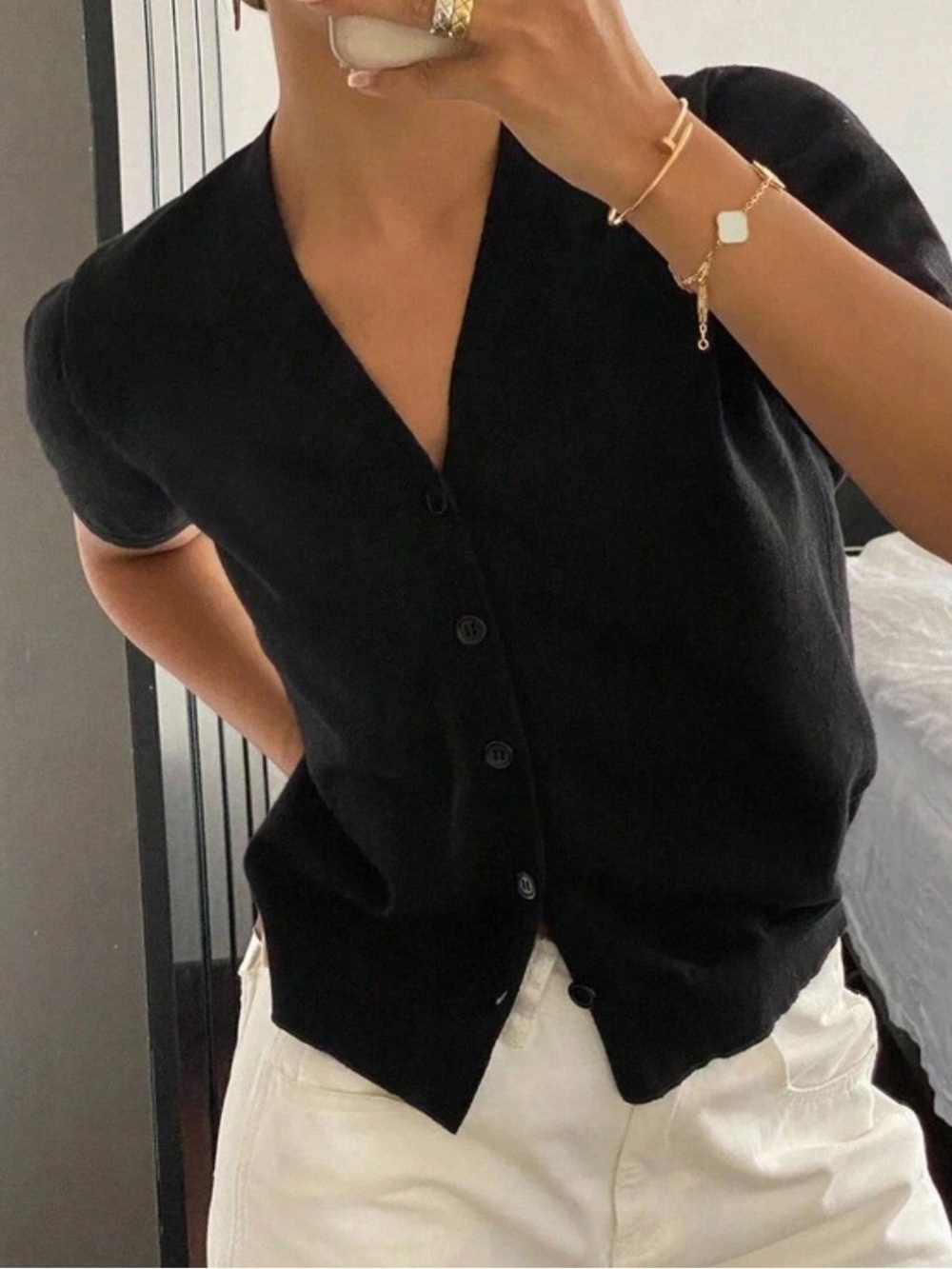 Black V-Neck Button Front Short Sleeve Cardigan